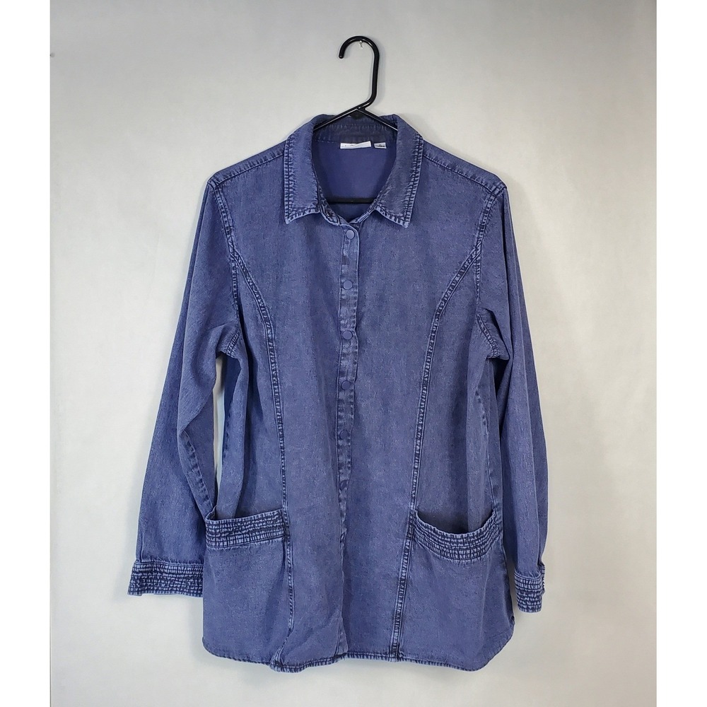 Joan Rivers Womens XL Denim Shirt Jacket Indigo Blue Cotton Snap Front Smocked